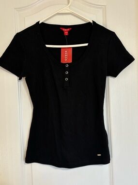 GUESS Black Ribbed Short Sleeve Scoop Henley Top